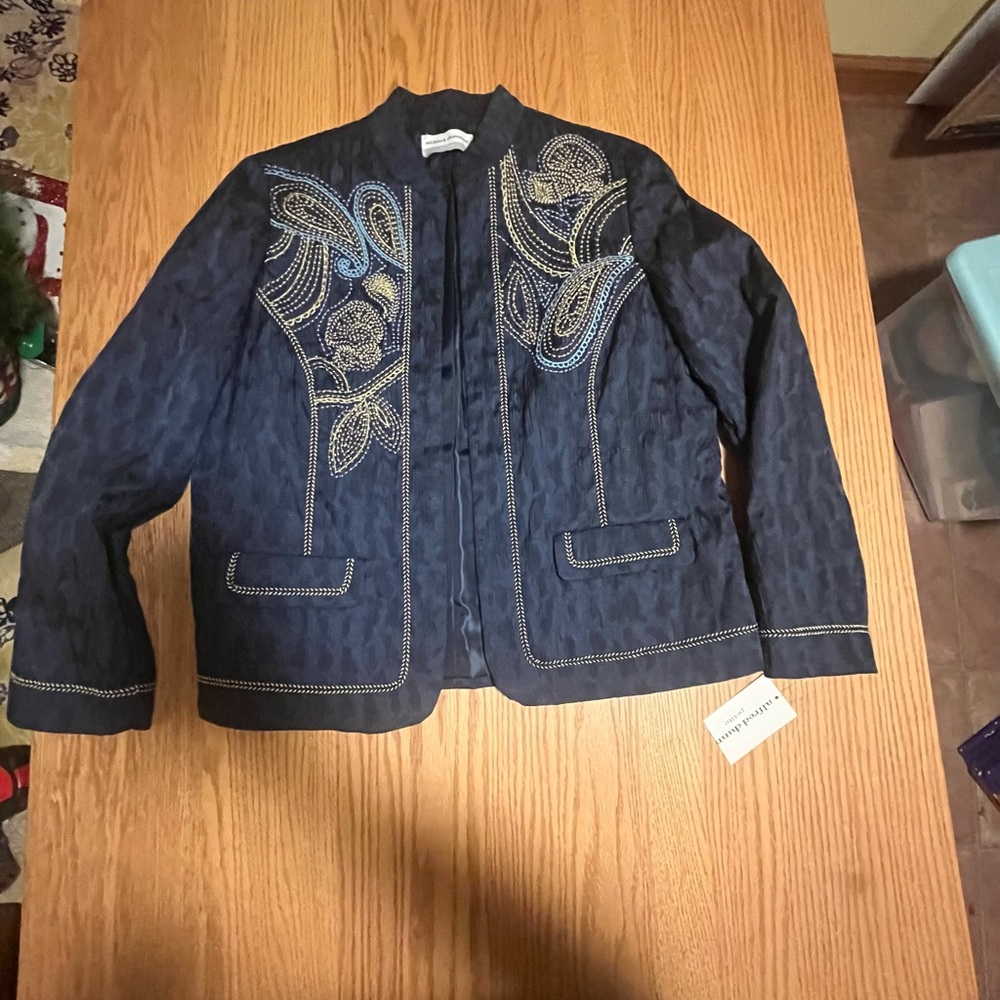 Alfred Dunner Embroidered Paisley Jacket Womens 12P Blue Open Front Blazer Caree